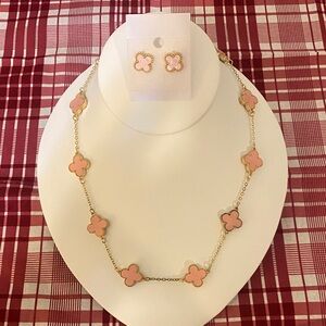 Elegant Pink and Gold Flower Necklace and Earring Set